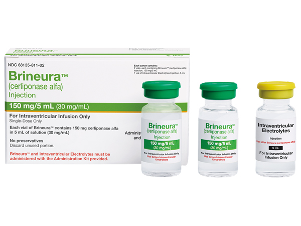 It is used to slow the loss of ability to crawl or walk in children and infants with symptoms of a rare genetic condition called ceroid lipofuscinosis type 2 disease (CLN2). CLN2 is also known as tripeptidyl peptidase 1 (TPP1) deficiency. CLN2 disease is a rare condition that damages the brain and nervous system. It happens when the body lacks a special enzyme called TPP1 which helps break down waste proteins in brain cells. This drug is called a hydrolytic lysosomal N-terminal tripeptidyl peptidase.